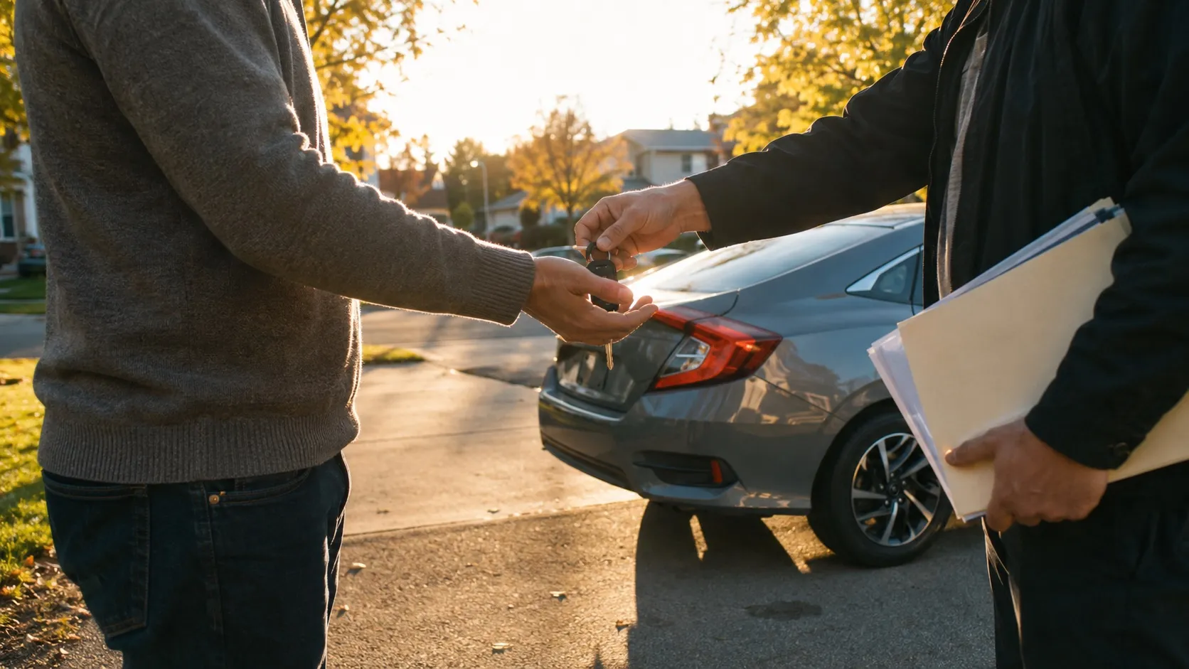 A seller handing over car keys in their driveway