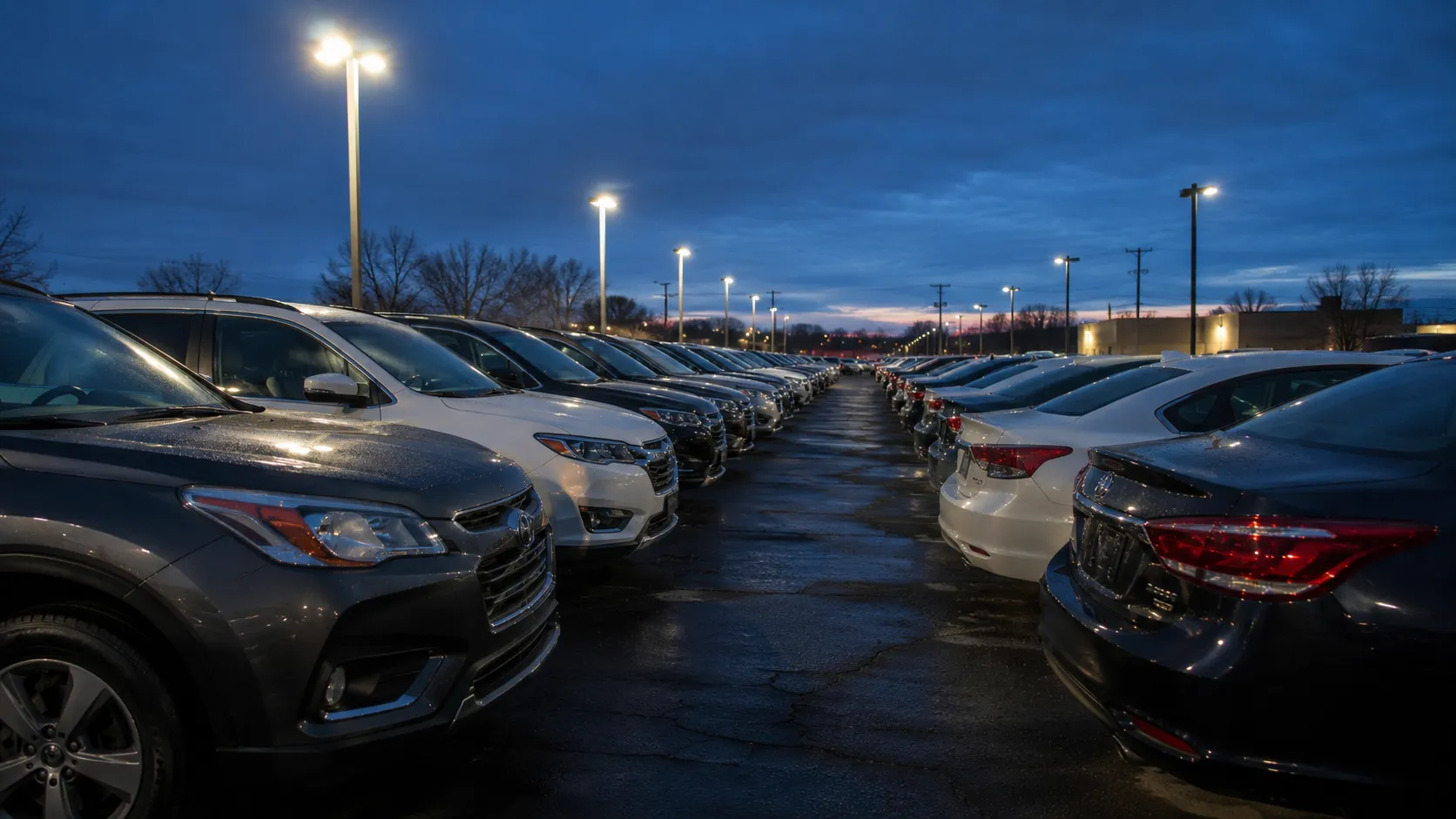 A used-car dealer lot at dusk